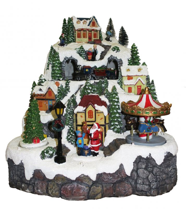 villaggio natalizio su montagna innevata con movimento, luci, musica (38 x 47,5 x 17 cm)