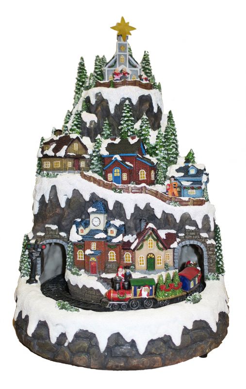 villaggio natalizio su montagna innevata con treno in movimento, luci, musica (32,5 x 50 x 31 cm)