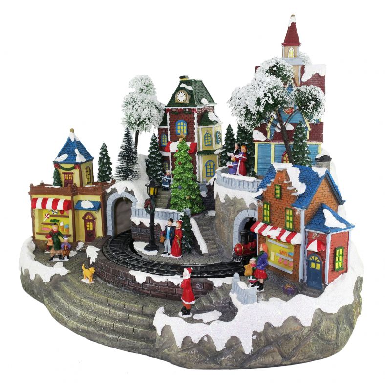 villaggio natalizio con treno e negozi, movimento, luci, musica (47 x 34 x 37 cm)
