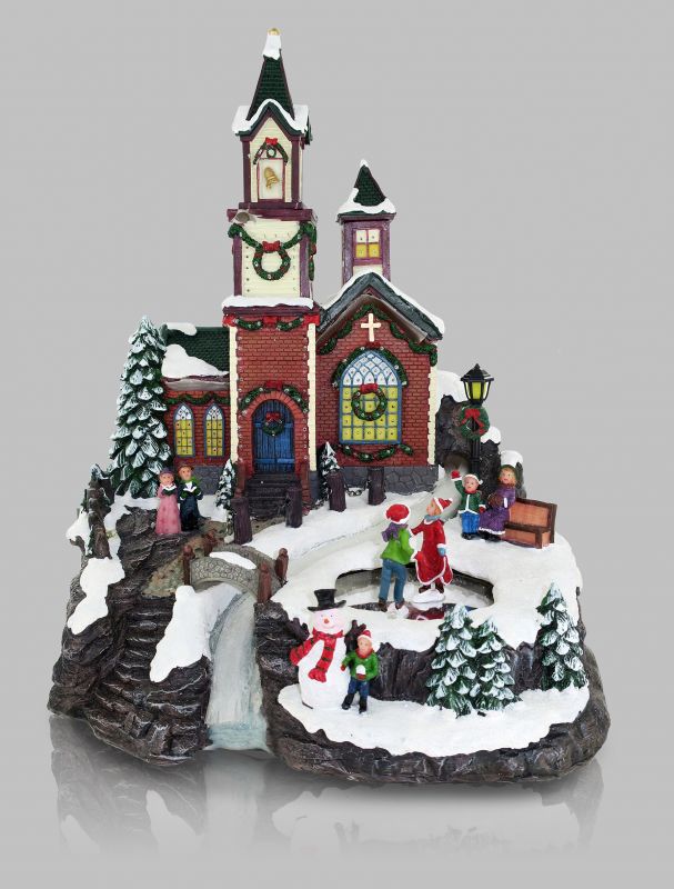 villaggio natalizio con chiesa, movimento, luci, musica (31 x 32 x 30 cm)