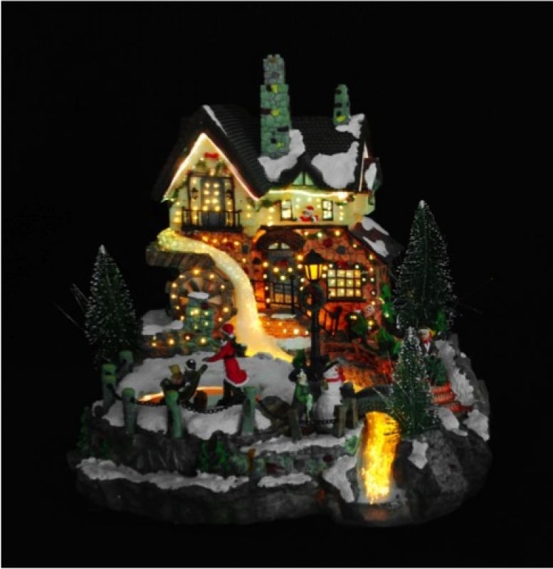 villaggio natalizio in movimento con chiesa, luci, musica (26,5 x 30 x 30 cm)