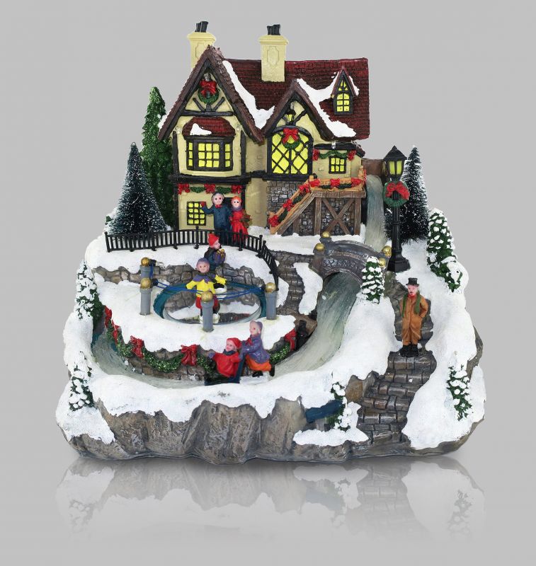 villaggio natalizio con casa e ruscello, movimento, luci, musica (29 x 26 x 26,5 cm)