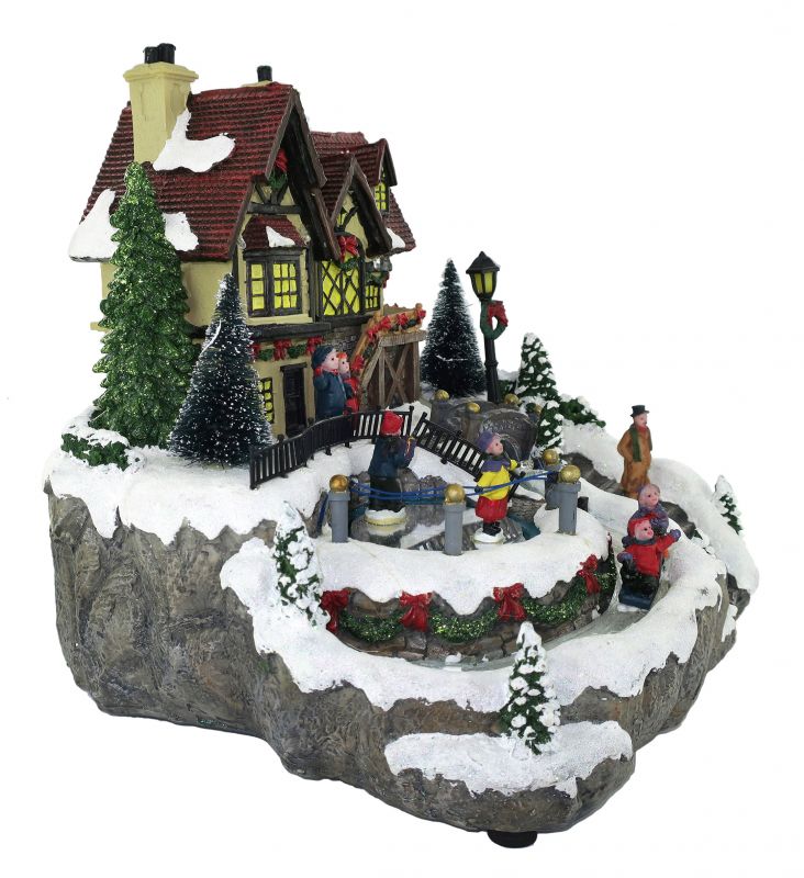 villaggio natalizio con casa e ruscello, movimento, luci, musica (29 x 26 x 26,5 cm)