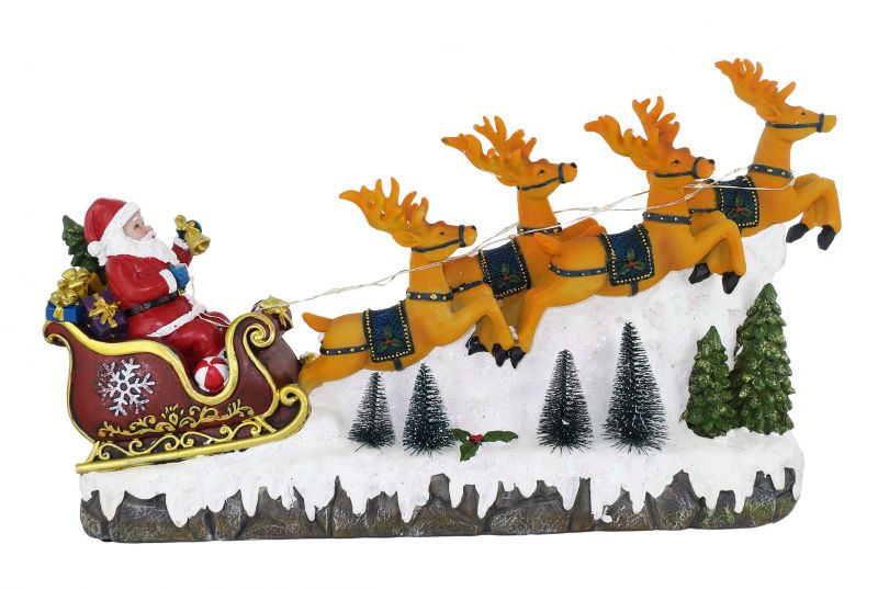 slitta di babbo natale con renne, luci, musica (23 x 40 x 9,5 cm)
