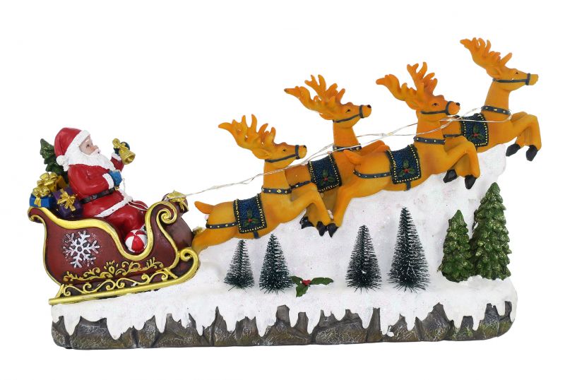 Babbo Natale 40 Cm.Slitta Di Babbo Natale Con Renne Luci Musica 23 X 40 9 5 Cm Presepe In Legno Scolpito Val Gardena