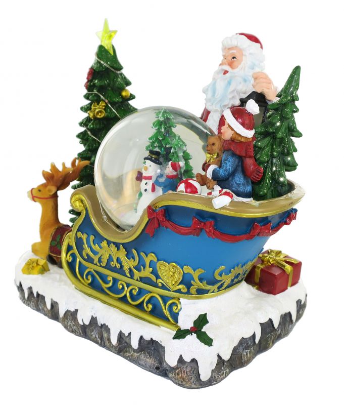 slitta di babbo natale con sfera innevata, movimento, luci, musica (25,5 x 28 x 18 cm)