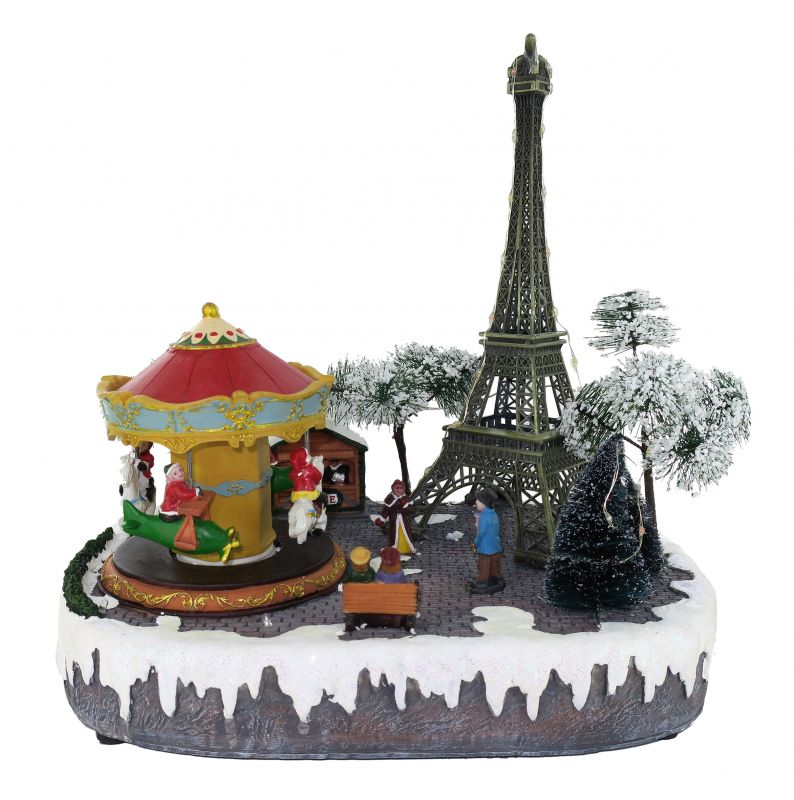 villaggio natalizio parigi con tour eiffel, movimento, luci, musica (32 x 29,5 x 26 cm)