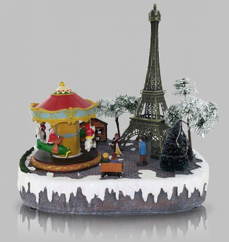 villaggio natalizio parigi con tour eiffel, movimento, luci, musica (32 x 29,5 x 26 cm)