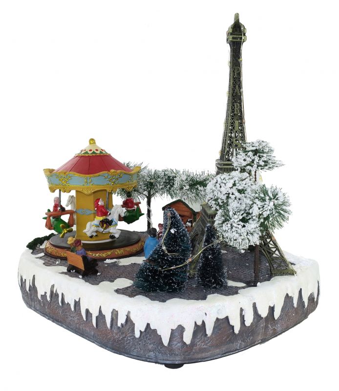 villaggio natalizio parigi con tour eiffel, movimento, luci, musica (32 x 29,5 x 26 cm)