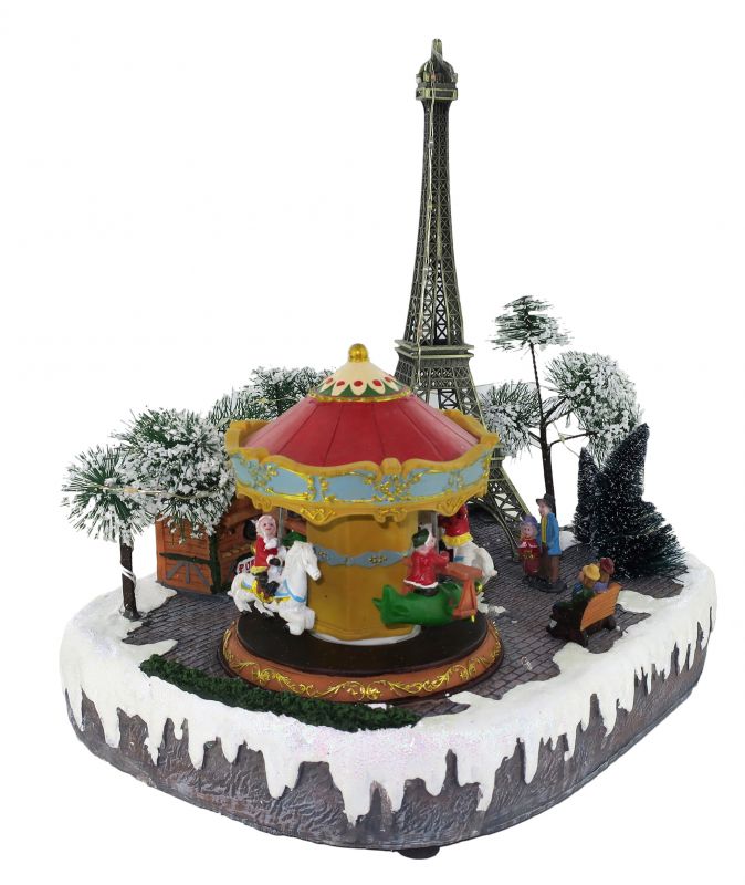 villaggio natalizio parigi con tour eiffel, movimento, luci, musica (32 x 29,5 x 26 cm)