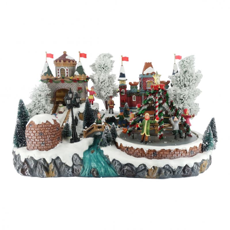 villaggio natalizio con giostra decorata e pista da bob, con movimento, luci, musica (41 x 25 x 32 cm)