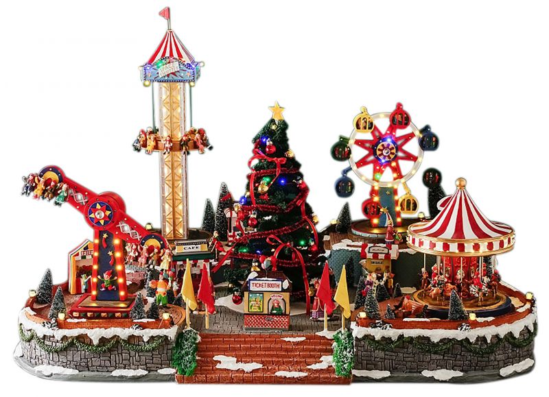 villaggio di natale con luna park, albero di natale e giostre, con movimento, luci e musica