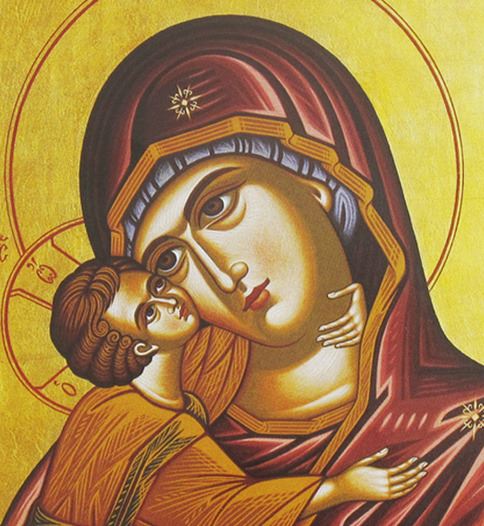 stock: tavola madonna della tenerezza con manto rosso stampa su legno - 10 x 6,5 cm 