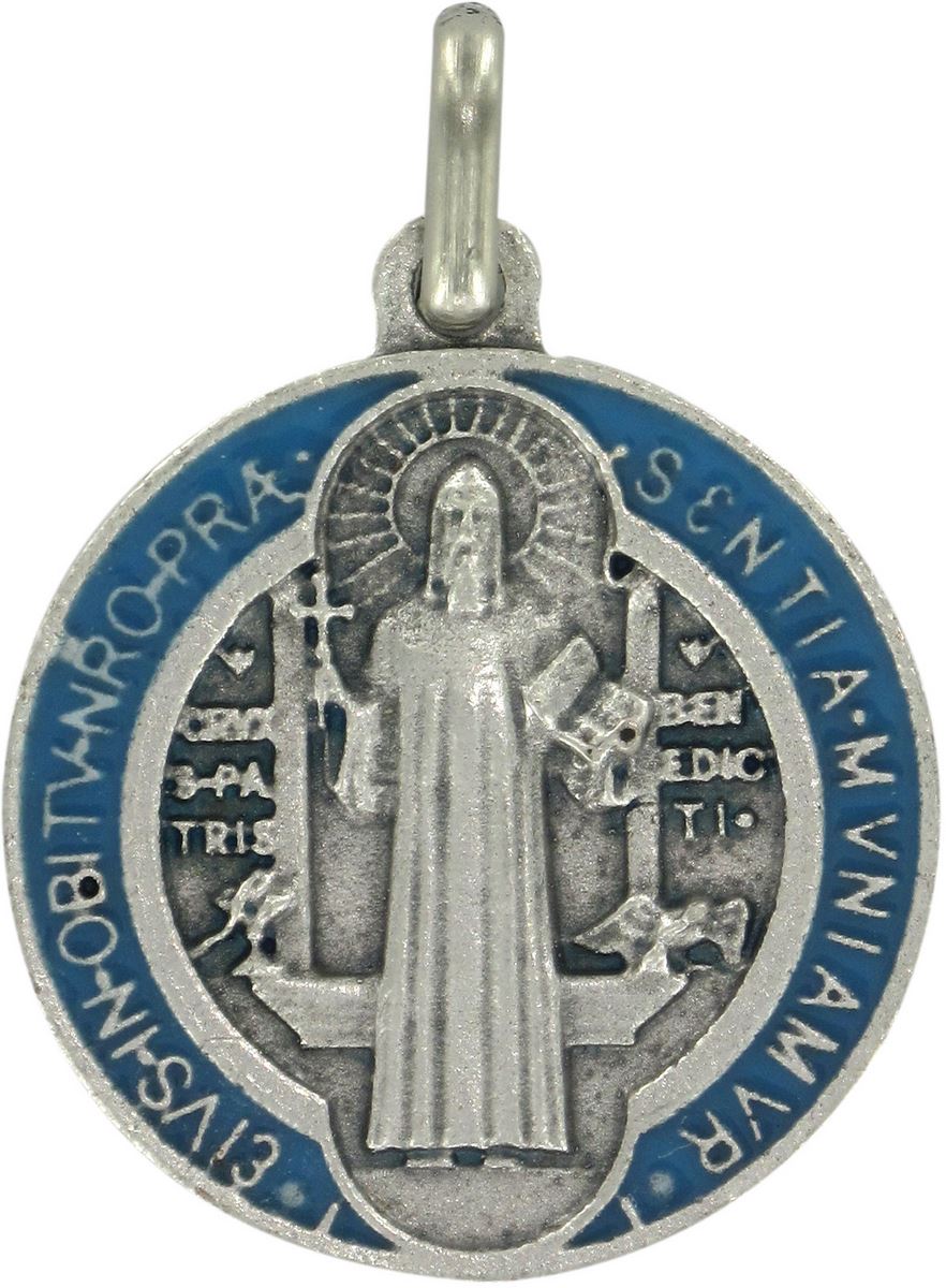 medaglia san benedetto tonda in metallo argentato con smalto - 2 cm