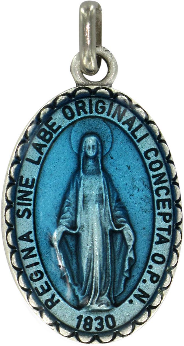 medaglia miracolosa ovale in metallo con smalto azzurro - 2 cm