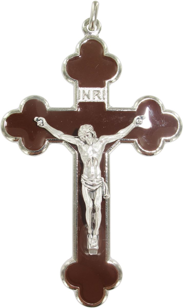 stock: croce in metallo nichelato con smalto marrone - 8,5 cm