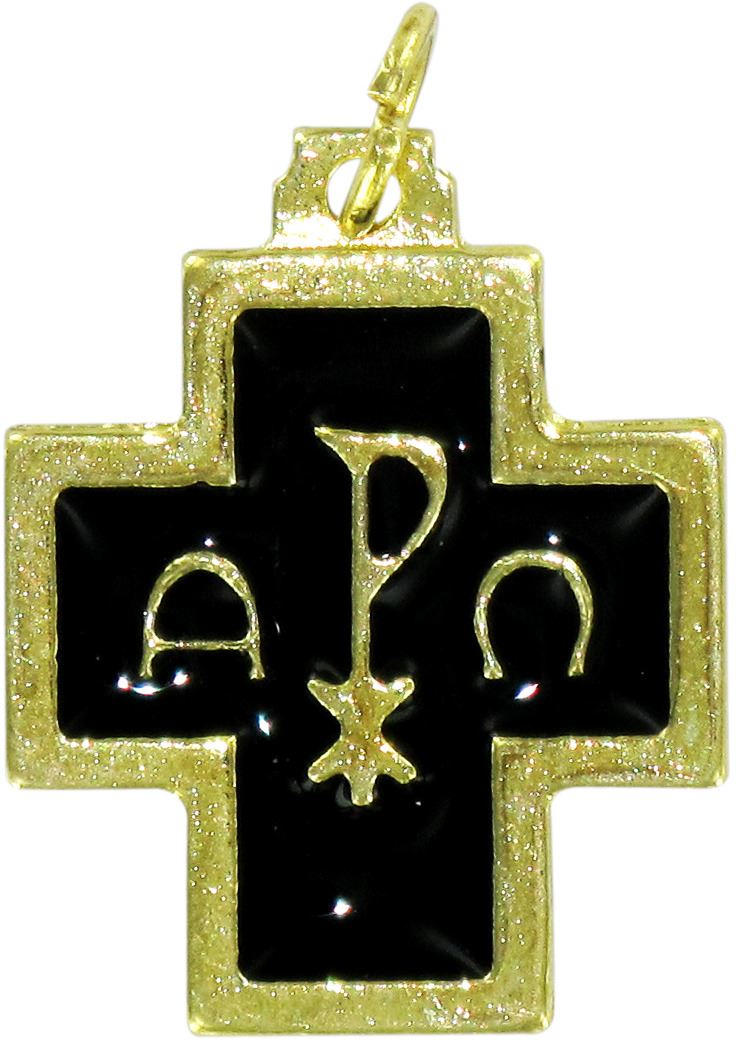 stock: croce alfa e omega metallo dorato con smalto nero - 2 cm