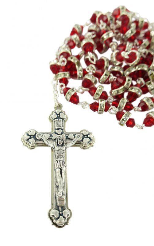 rosario semicristallo rosso con strass bianchi