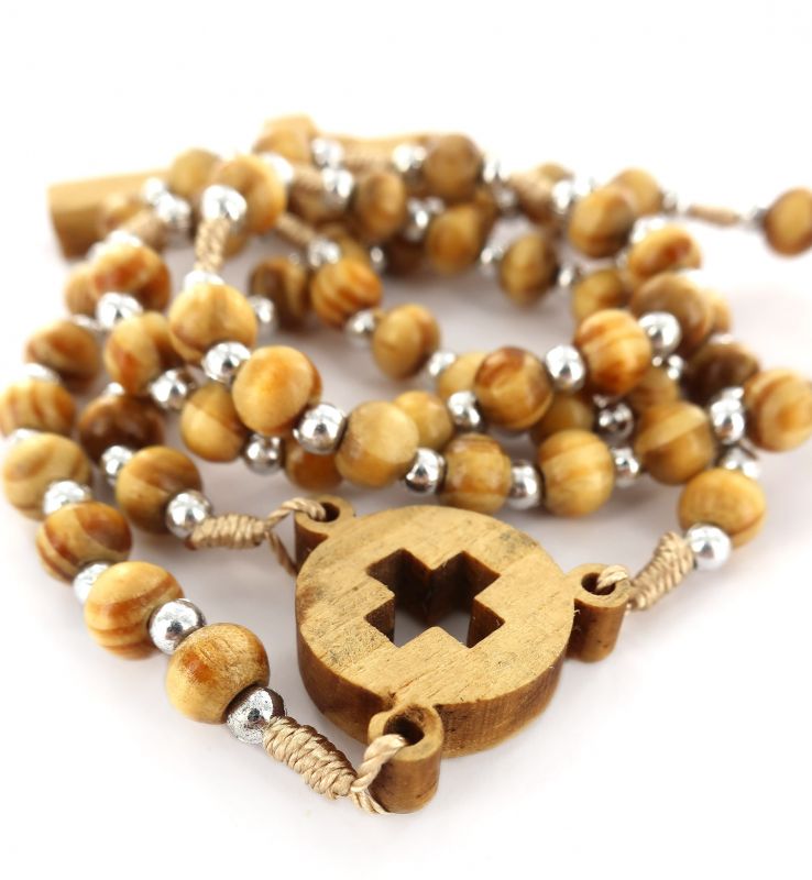 rosario in legno d'ulivo, rosario cattolico con medaglia e croce in ulivo traforata con spirito santo