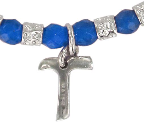braccialetto linea mater con dadini in argento e grani in agata blù diametro mm 4 con croce tau