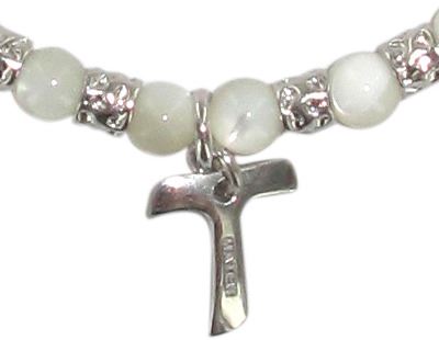 braccialetto linea mater con dadini in argento e grani in madreperla diametro mm 4 con croce tau