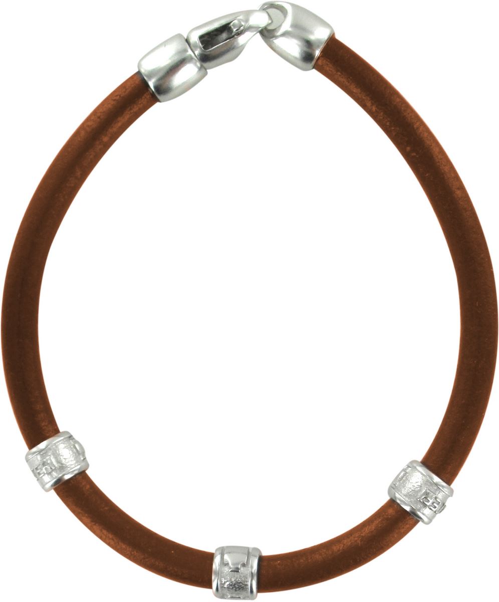 bracciale trinity in cuoio marrone con inserti ottone in bagno oro bianco