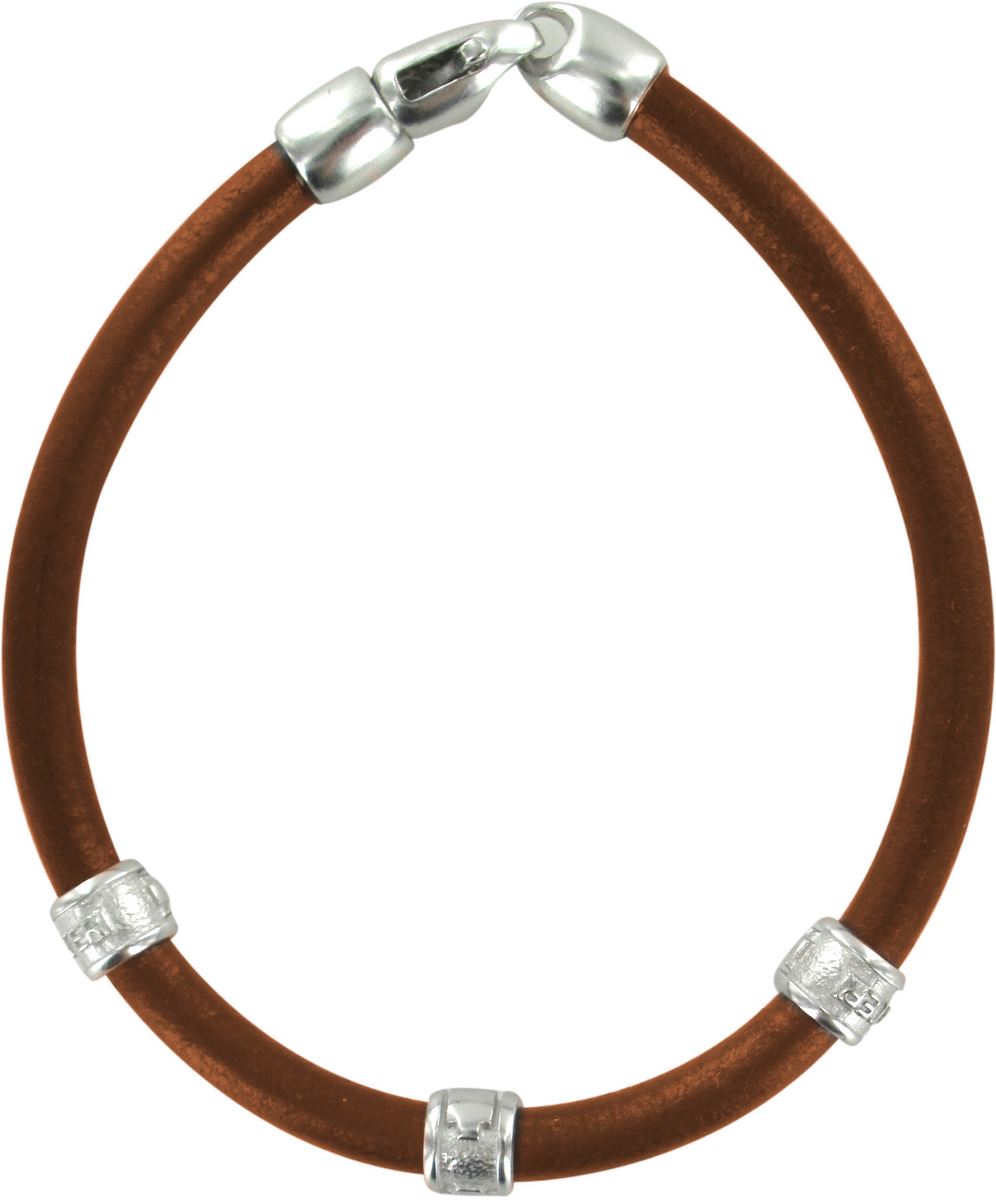 bracciale trinity in cuoio marrone con inserti ottone in bagno oro bianco