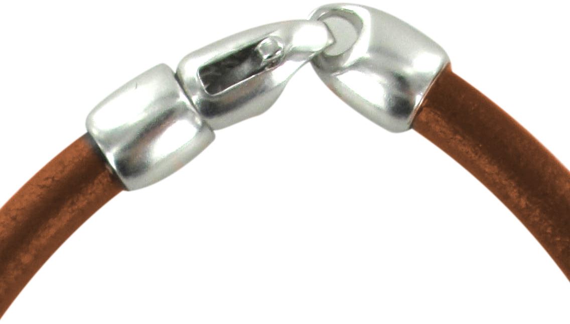 bracciale trinity in cuoio marrone con inserti ottone in bagno oro bianco