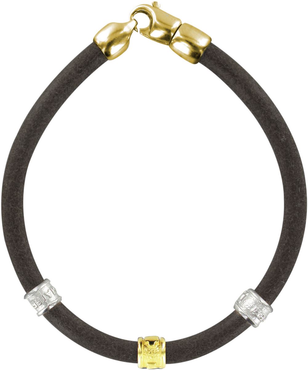 bracciale trinity in cuoio nero con inserti ottone in bagno oro giallo e oro bianco