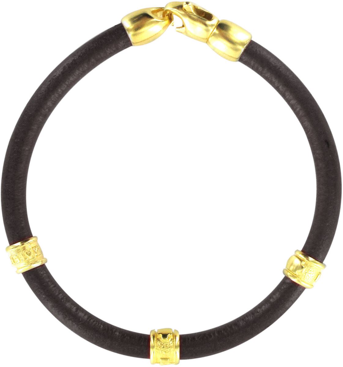 bracciale trinity in cuoio nero con inserti ottone in bagno oro giallo 