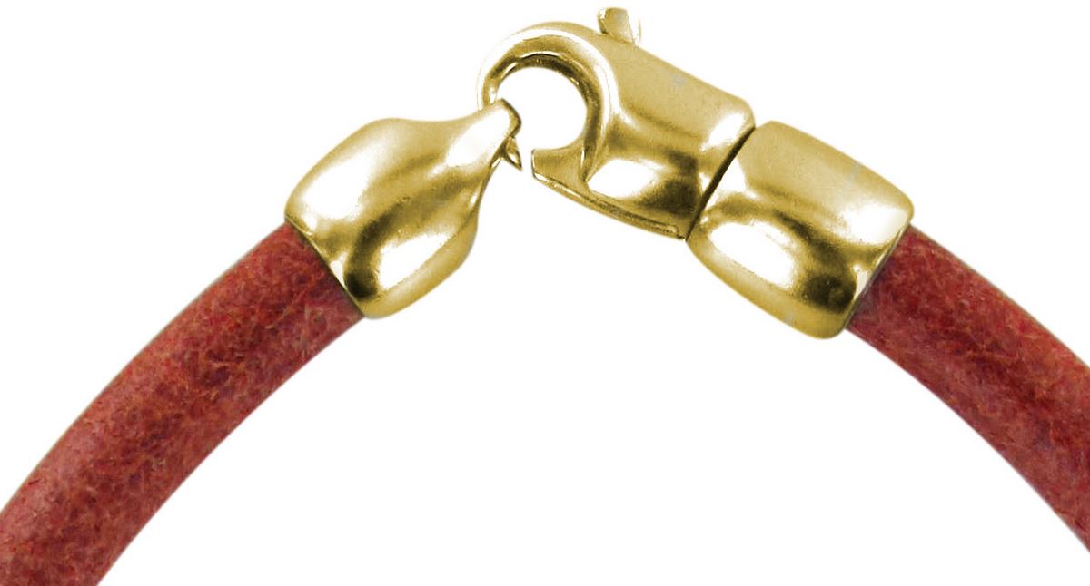 bracciale trinity in cuoio rosso con inserti ottone in bagno oro giallo e oro bianco