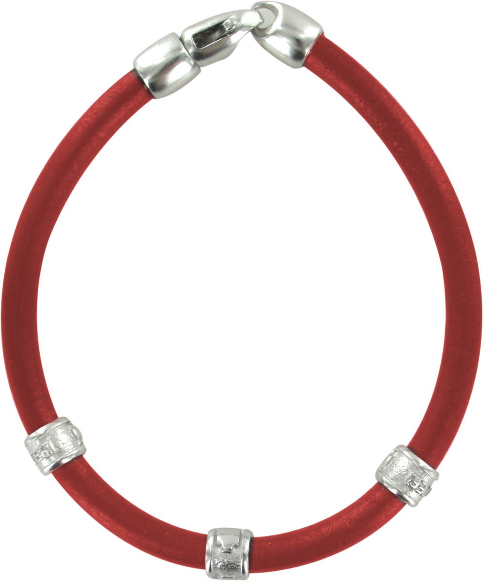 bracciale trinity in cuoio rosso con inserti ottone in bagno oro bianco