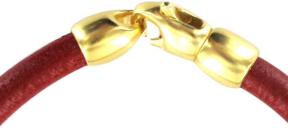 bracciale trinity in cuoio rosso con inserti ottone in bagno oro giallo 