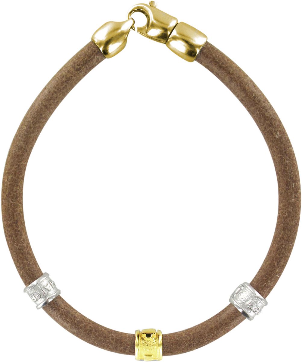 bracciale trinity in cuoio sabbia con inserti ottone in bagno oro giallo e oro bianco