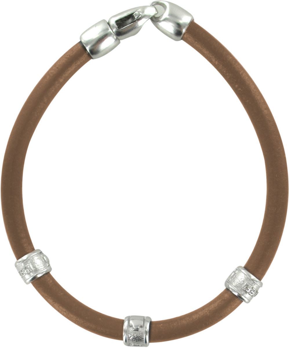 bracciale trinity in cuoio sabbia con inserti ottone in bagno oro bianco