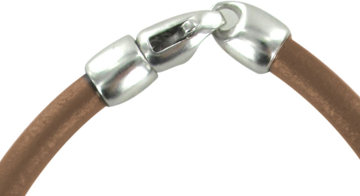 bracciale trinity in cuoio sabbia con inserti ottone in bagno oro bianco