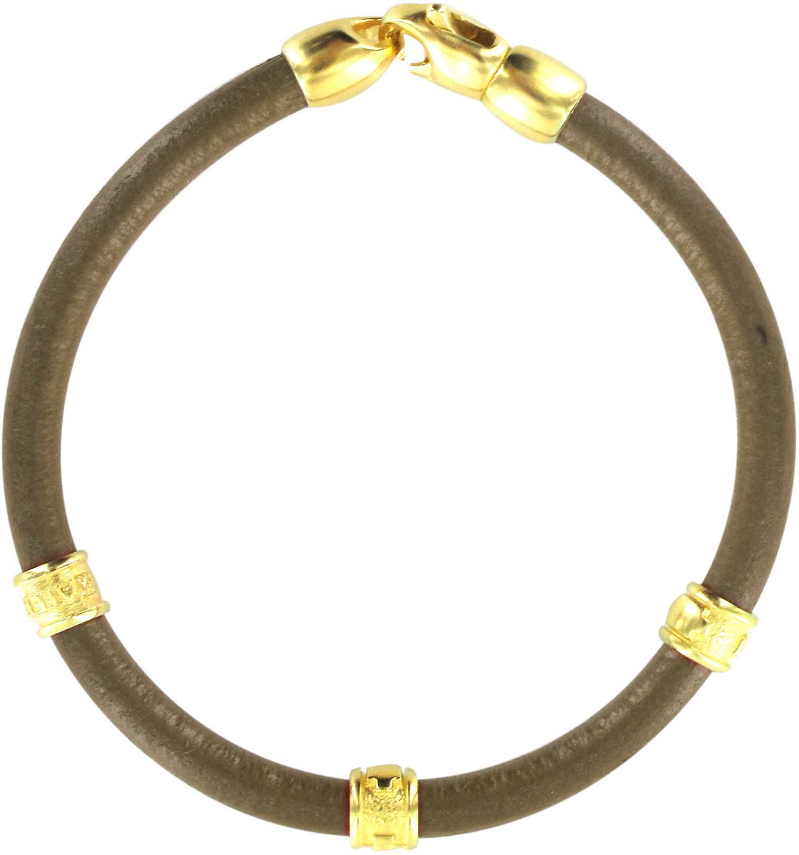 bracciale trinity in cuoio sabbia con inserti ottone in bagno oro giallo 