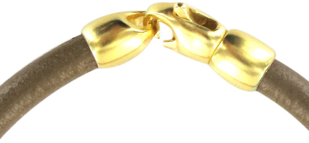 bracciale trinity in cuoio sabbia con inserti ottone in bagno oro giallo 