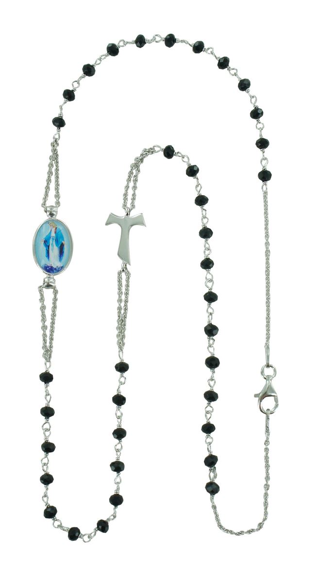 collana rosario girocollo in argento 925 perle nere con croce tau e medaglia miracolosa in argento