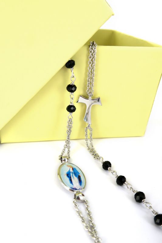 collana rosario girocollo in argento 925 perle nere con croce tau e medaglia miracolosa in argento