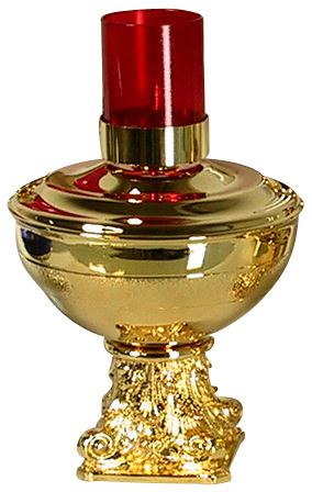 lucerna con base in metallo dorato e vetro rosso - 16x23 cm