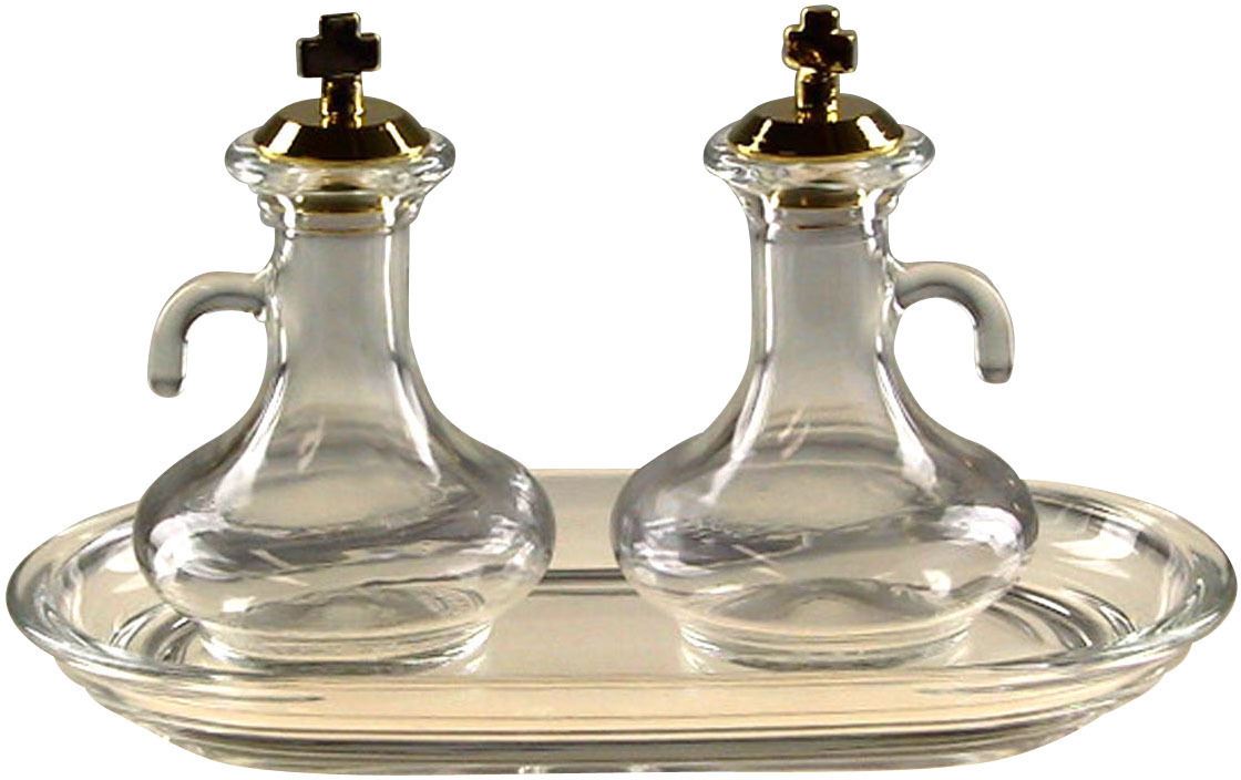 set ampolline liturgiche e vassoio per messa, vetro trasparente e ottone color oro, 50 cc