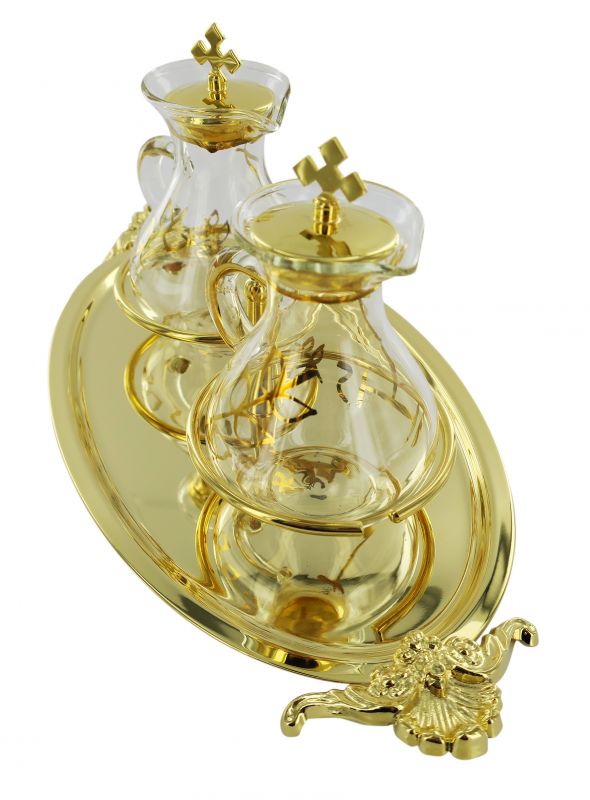 ampolline vetro decorate con vassoio dorato con piedini