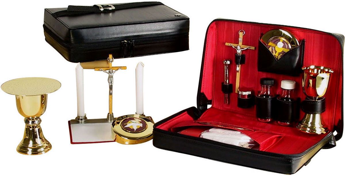 valigia per celebrazioni, valigetta da prete per messa con 16 oggetti liturgici, pelle, 19 x 25 x 5 cm