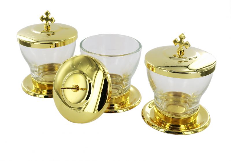 astuccio ( kit celebrazione messa) con 3 vasetti altare dorati