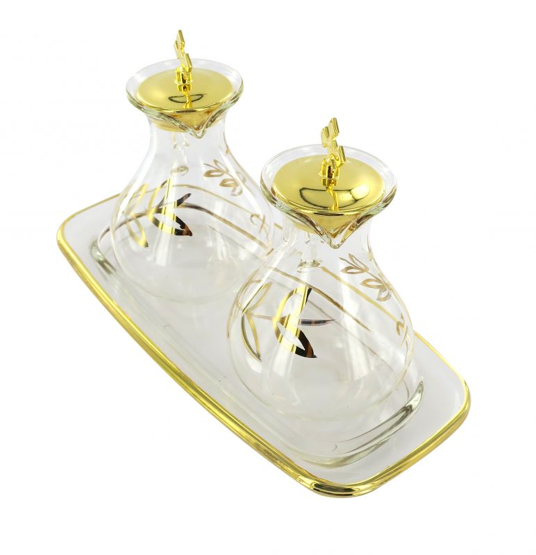 ampolline per messa con vassoio, vetro, decorazione dorata, 100 cc