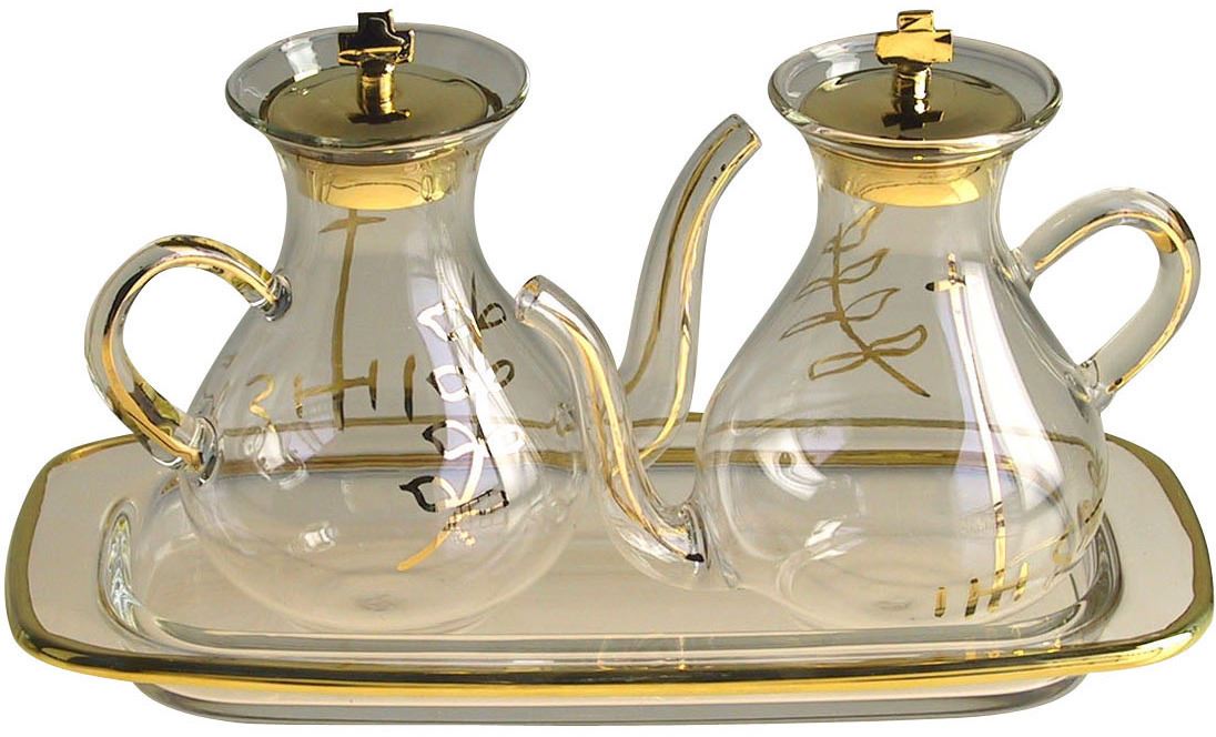 ampolline con beccuccio, set ampolline e vassoio per messa, vetro, decorazione dorata, 100 cc