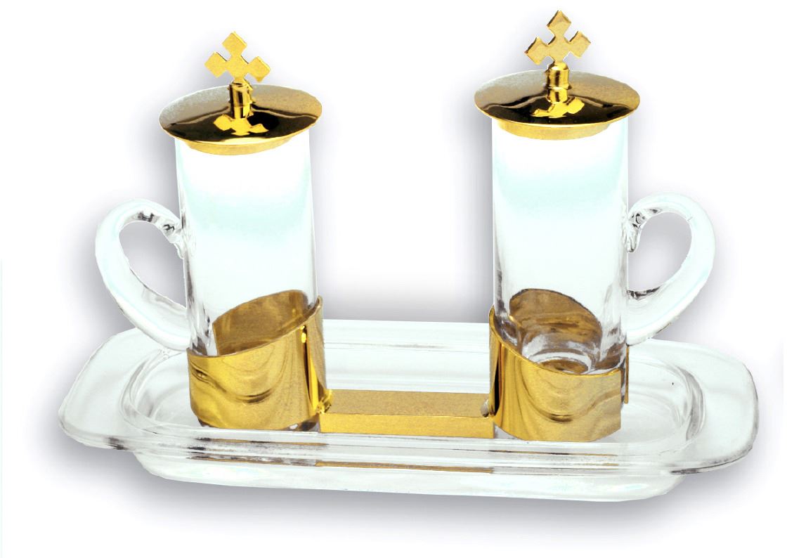 servizio di ampolline per messa con vassoio, vetro style e base dorata, 100 cc