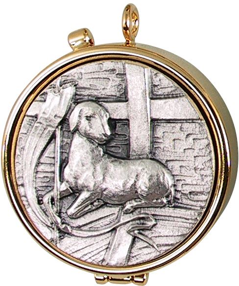 teca eucaristica ostie con placca in peltro modello agnello Ø 4 cm