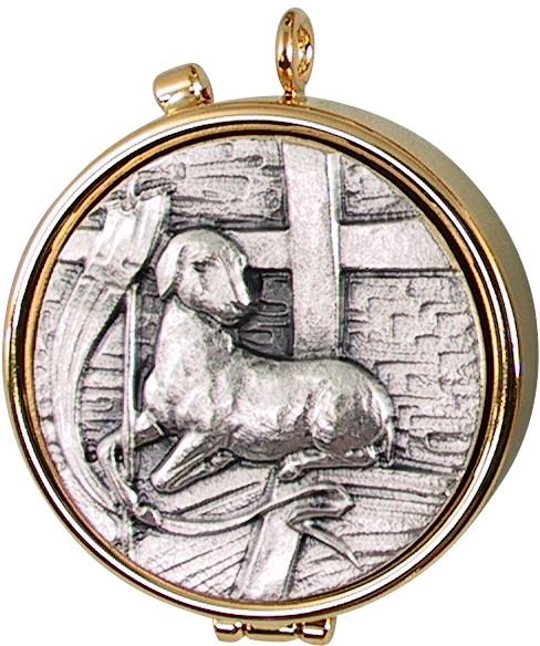 teca eucaristica ostie con placca in peltro modello agnello Ø 4 cm